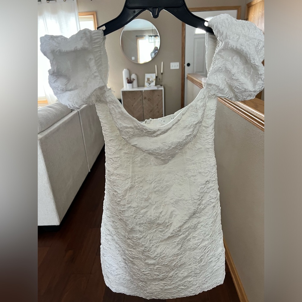 ASTR The Label White Raina Off Shoulder Crinkle Mini Dress